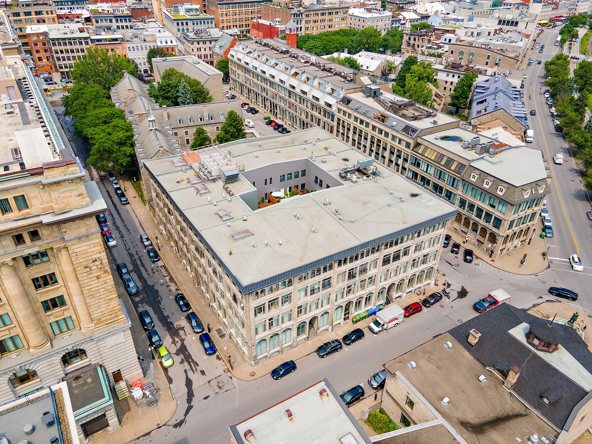 Aerial view of the building and its Old Montreal block